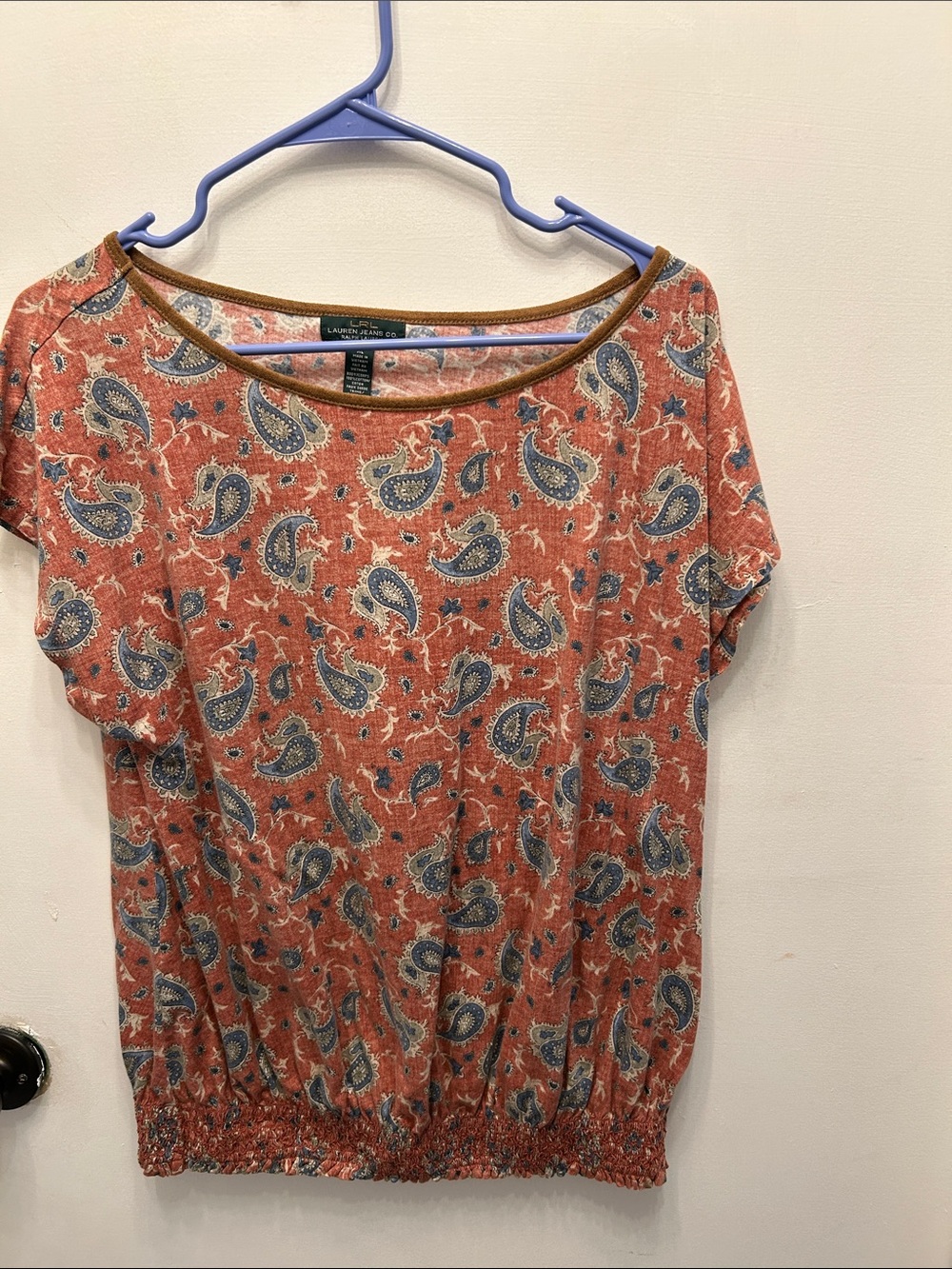 Ralph Lauren Short Sleeve Paisley Top in Rust and Blue
